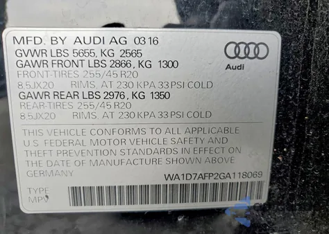 2016 Audi Q5 Premium Plus S-Line z USA, uszkodzony, nr VIN WA1D7AFP2GA118069